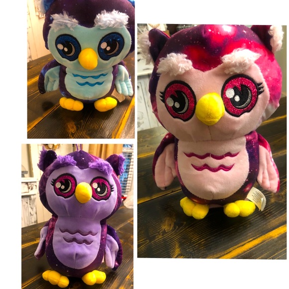 Other - Adorable Set of 3 11" Plush Owls- Purple, Pink & Blue w/Galaxy Pattern on back!
